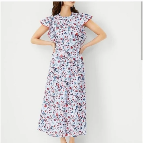 Ann Taylor Floral Ruffle Sleeve Maxi Dress Large Red White & Blue - Picture 1 of 11